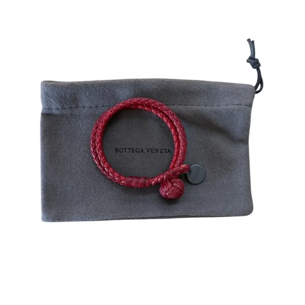 Authentic Bottega Veneta Intrecciato Double Bracelet Red Lambskin Gunmetal